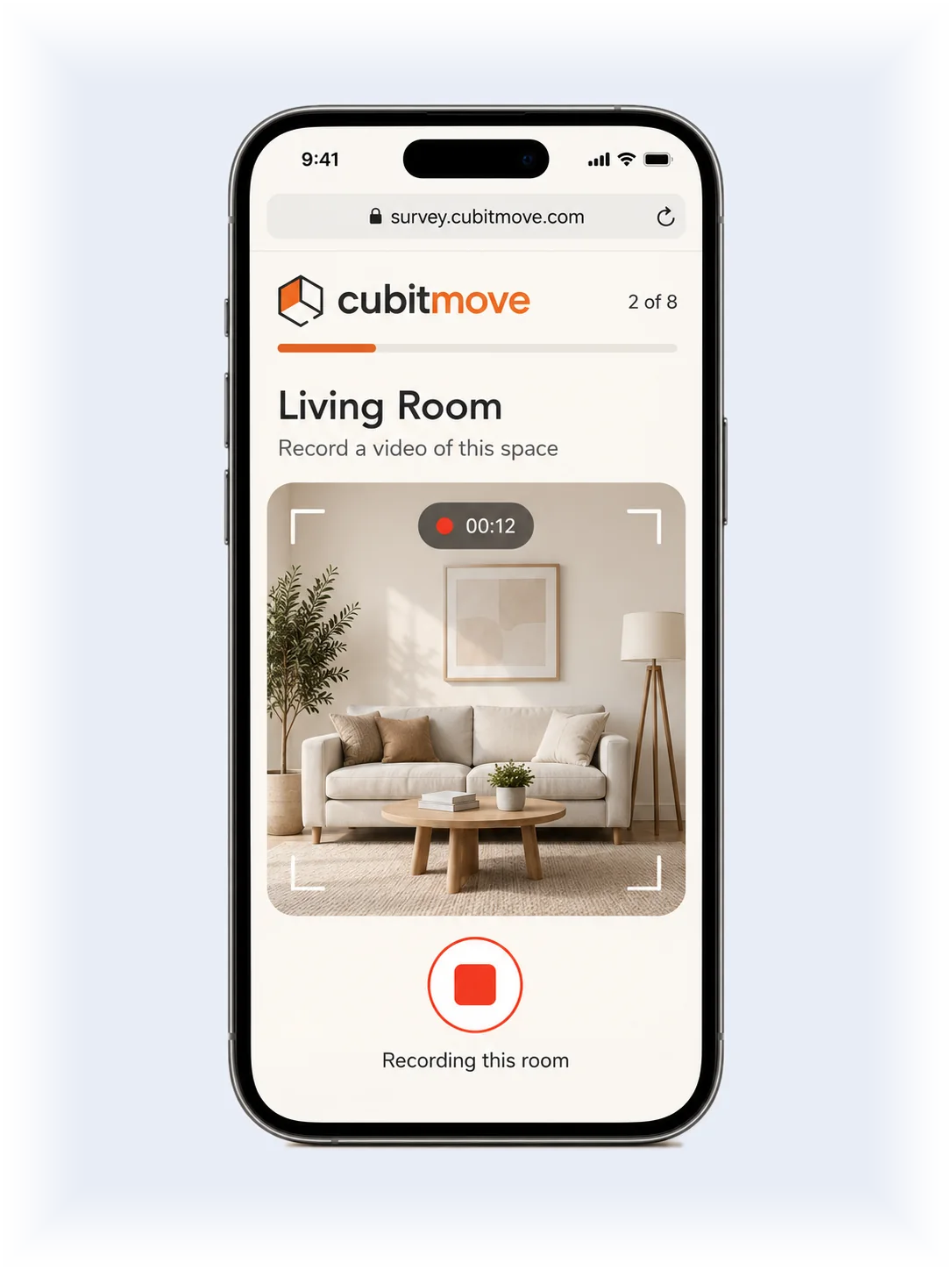 The customer survey on a phone: recording a video of the living room, two spaces of eight