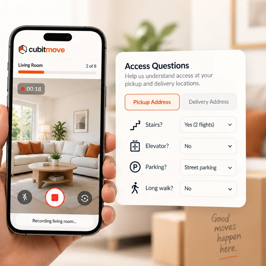 The customer recording a room on their phone, with the access questions for both addresses