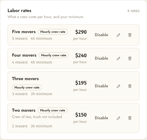 The rate card in the platform: hourly crew rates for two to five movers, each with the minimum billable hours, and a day rate for each truck