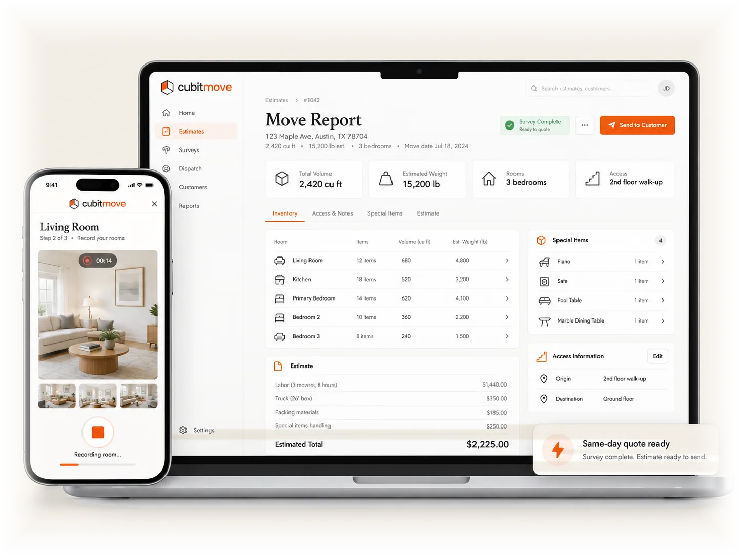 A Move Report ready to price: volume, estimated weight, inventory by room, special items, access at both ends, and the customer recording a room alongside