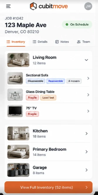 The crew view on a phone: job 1042 on Maple Ave, inventory by room, with Sectional Sofa marked disassemble, reassemble and four movers, and the glass dining table marked fragile and load last