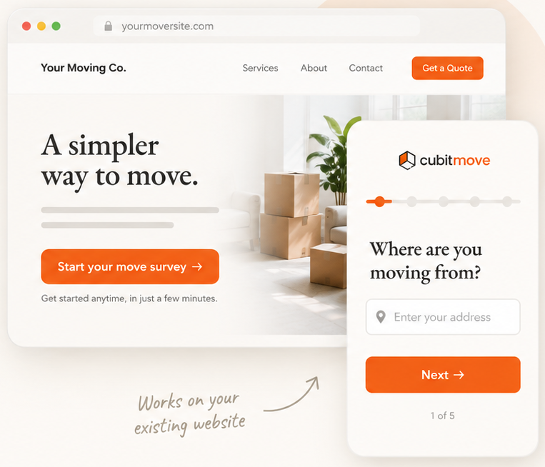 A mover’s own website with a Start your move survey button, and the survey opening at its first question